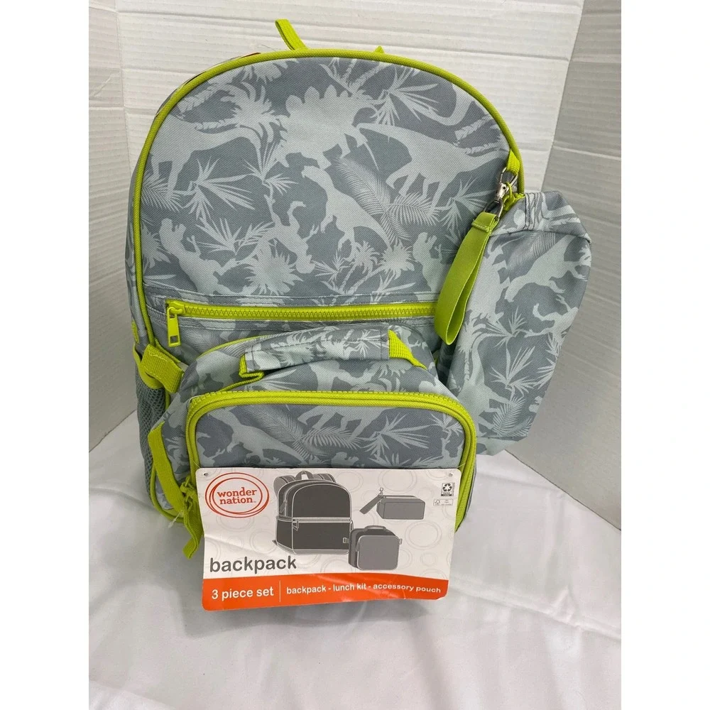 Wonder Nation Backpack Set Kids One Size Green New Tropical Dino 3 Piece Set